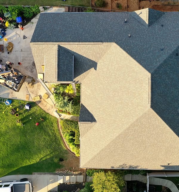 Archies Aerial Roof Installation Aerial view of a new shingle roof